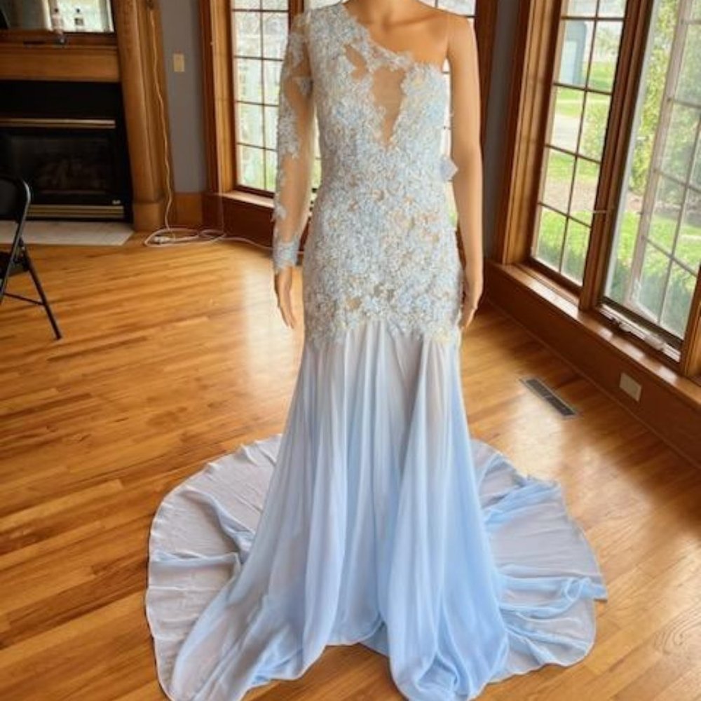 *Dylan Queen Blue 1 Sleeve Lace Chiffon Formal Wedding Dress Bridal Gown Size 4